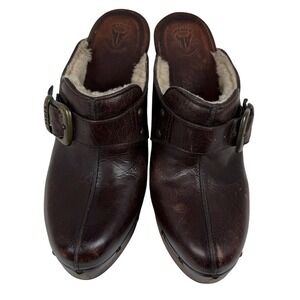 Frye Ella Leather Mule Clogs, Brown, Studded Wooden Platform and Heel, Size 8.5